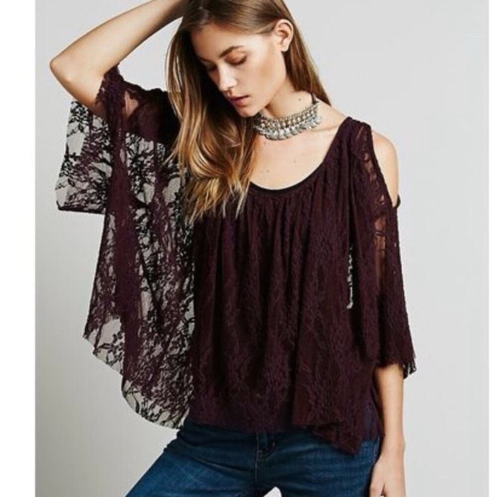 Free People Lost In Austin Purple Sheer Lace Cold Shoulder Blouse Size XS